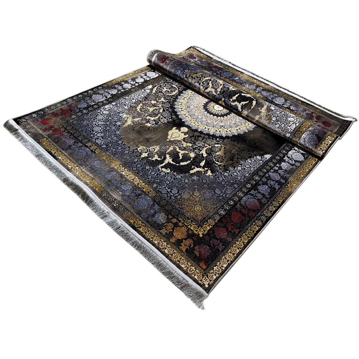 Tapete 170x240 cm, vista oblíqua: design ornamental escuro com medalhão, debrum decorativo dourado, franjas