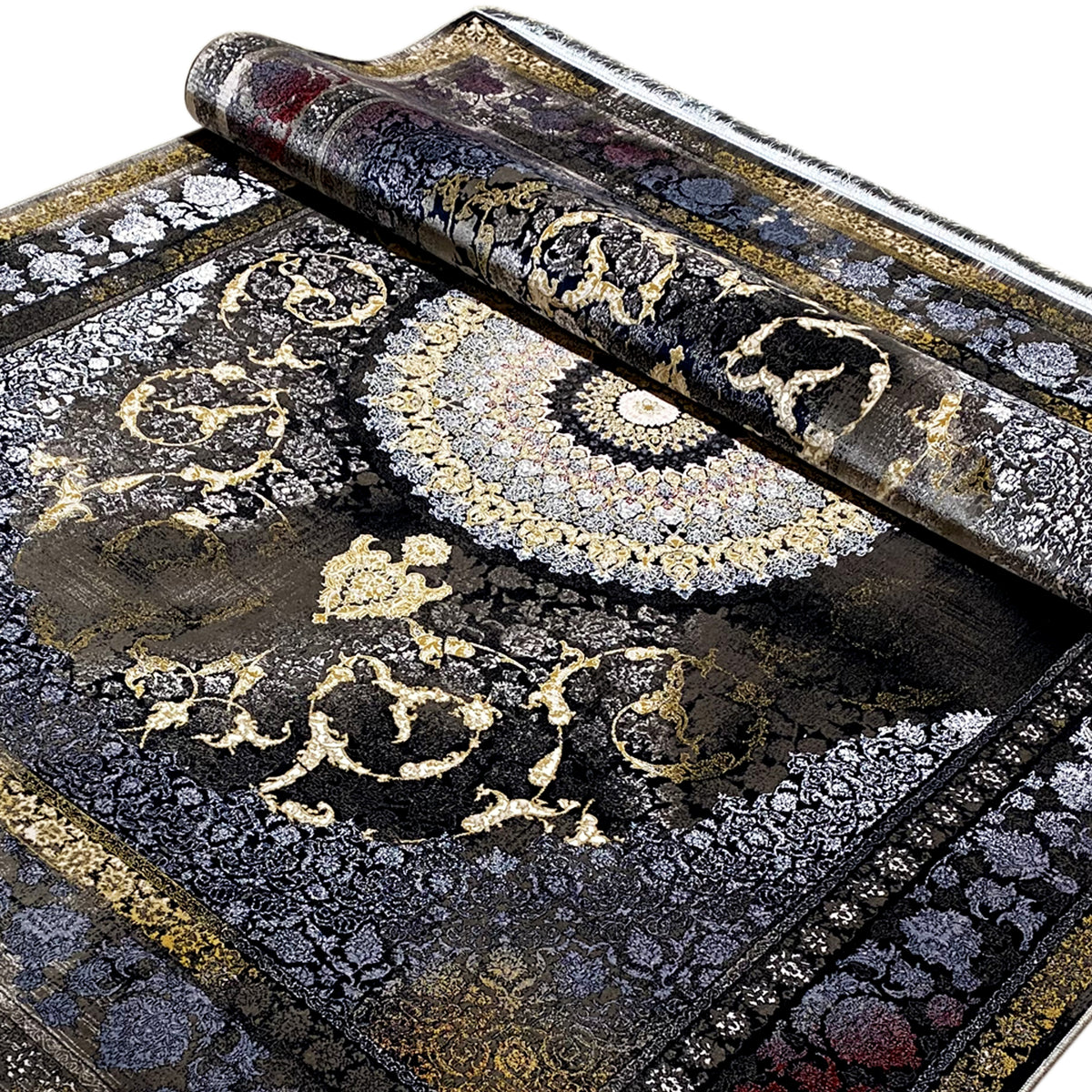Tapete oriental em cinzento-escuro/preto com ornamentos dourados, estendido enrolado, 170x240cm