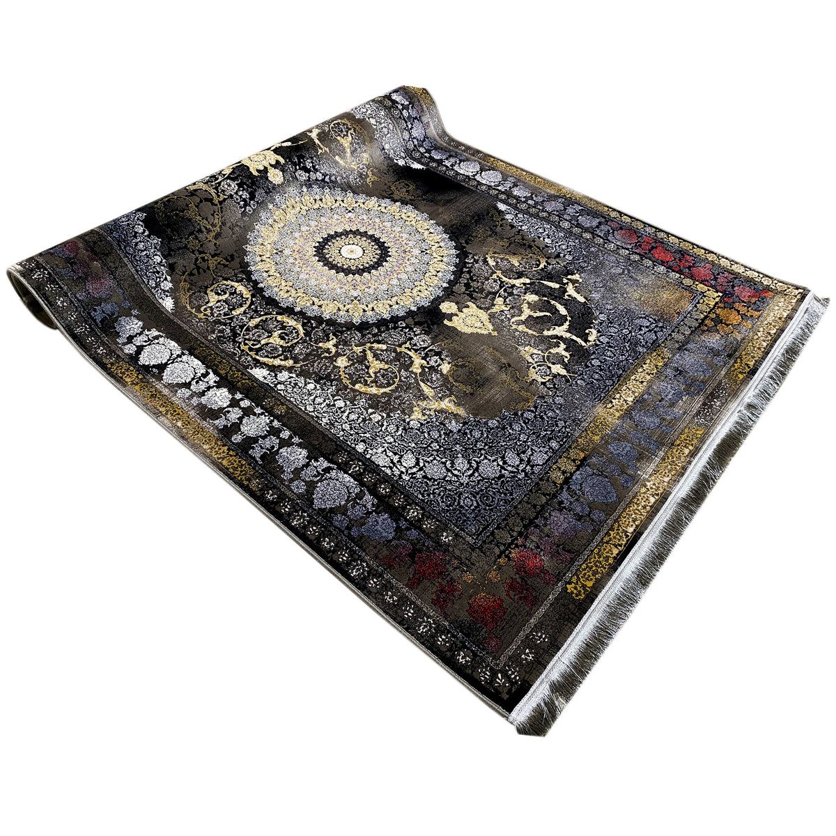 Tapete oriental 170x240 cm estendido: padrão escuro com rebordo dourado
