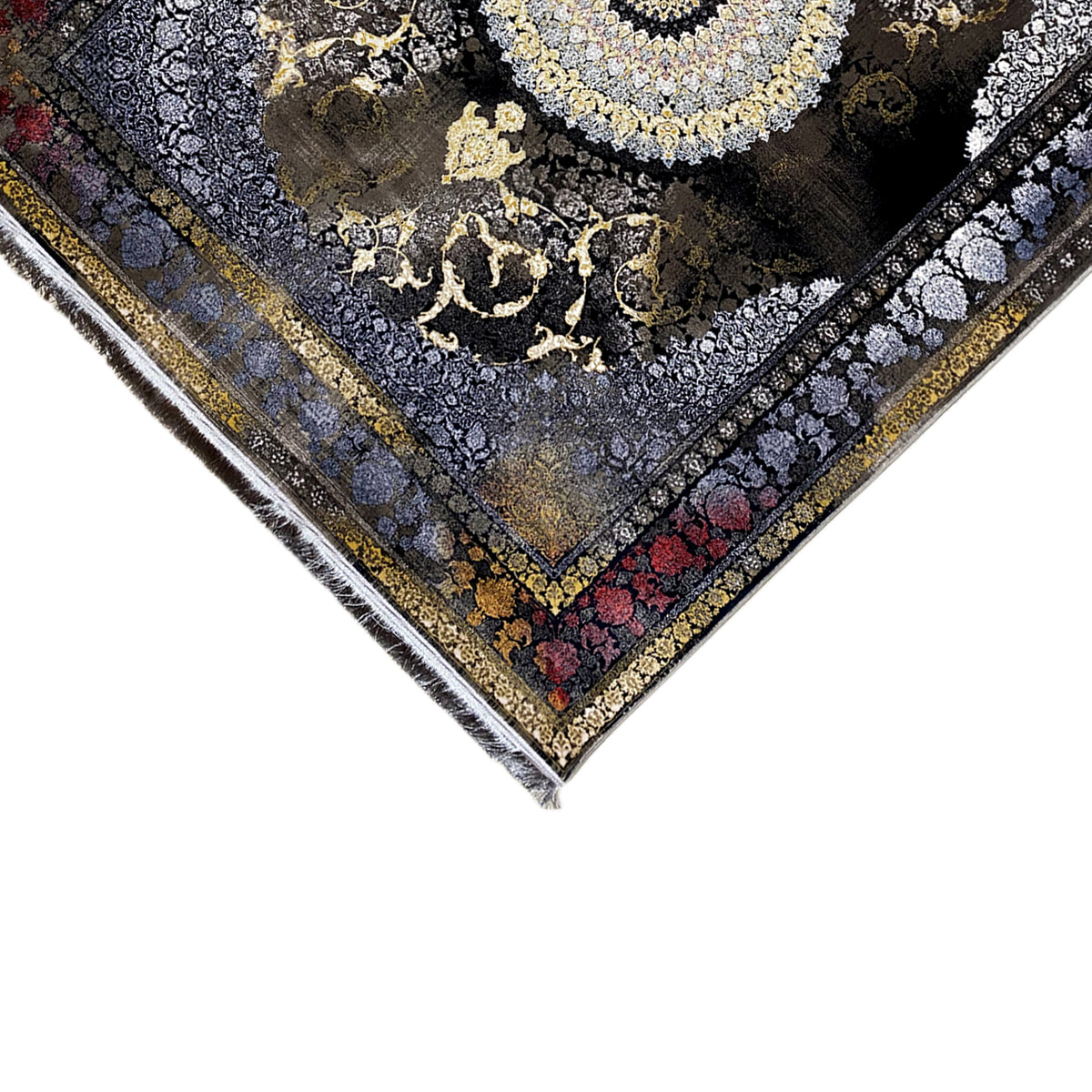 Tapete tecido 170x240 cm com debrum decorativo na borda, fundo escuro e padrões dourados