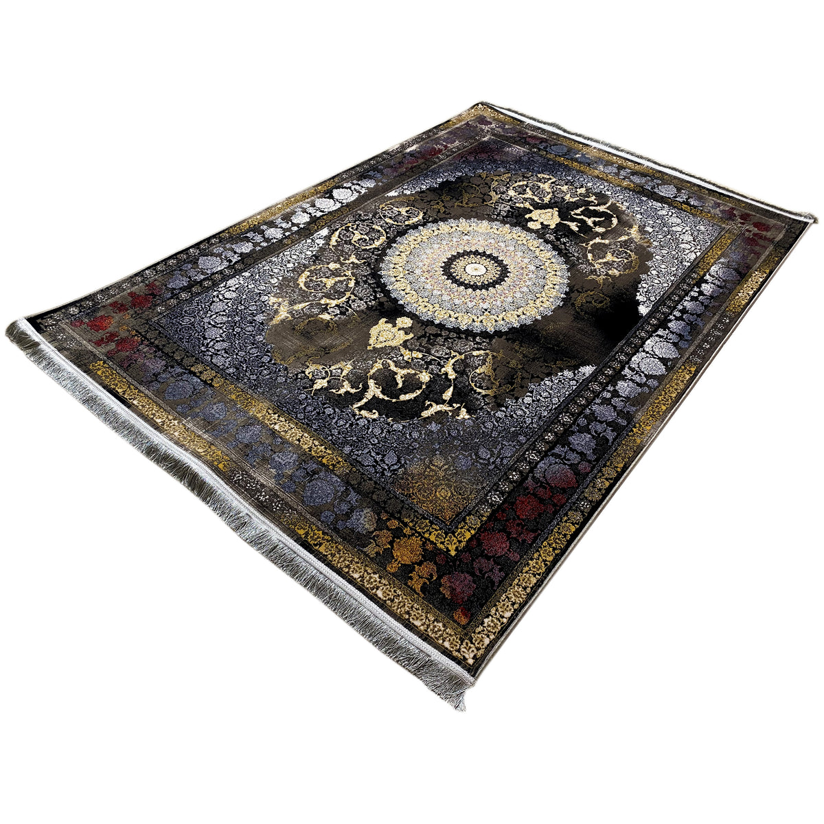Tapete 170x240 cm: campo de padrão quadrado com ornamento circular, tons escuros, rebordo com franjas prateadas