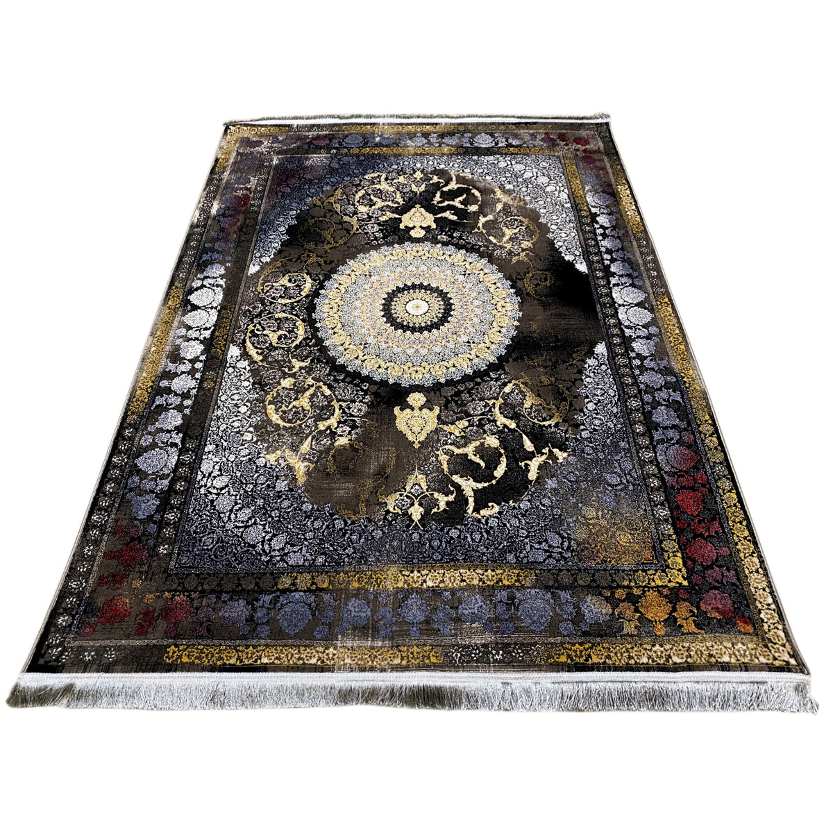 Tapete 170x240 cm em vista enrolada: campo ornamental escuro, apontamentos dourados, rebordo prateado