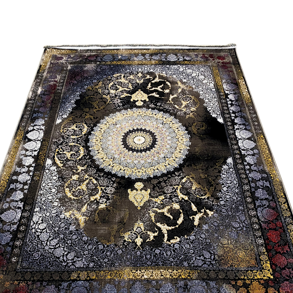 Tapete 170x240 cm: medalhão central com ornamentos dourados, moldura com padrão azul-escuro
