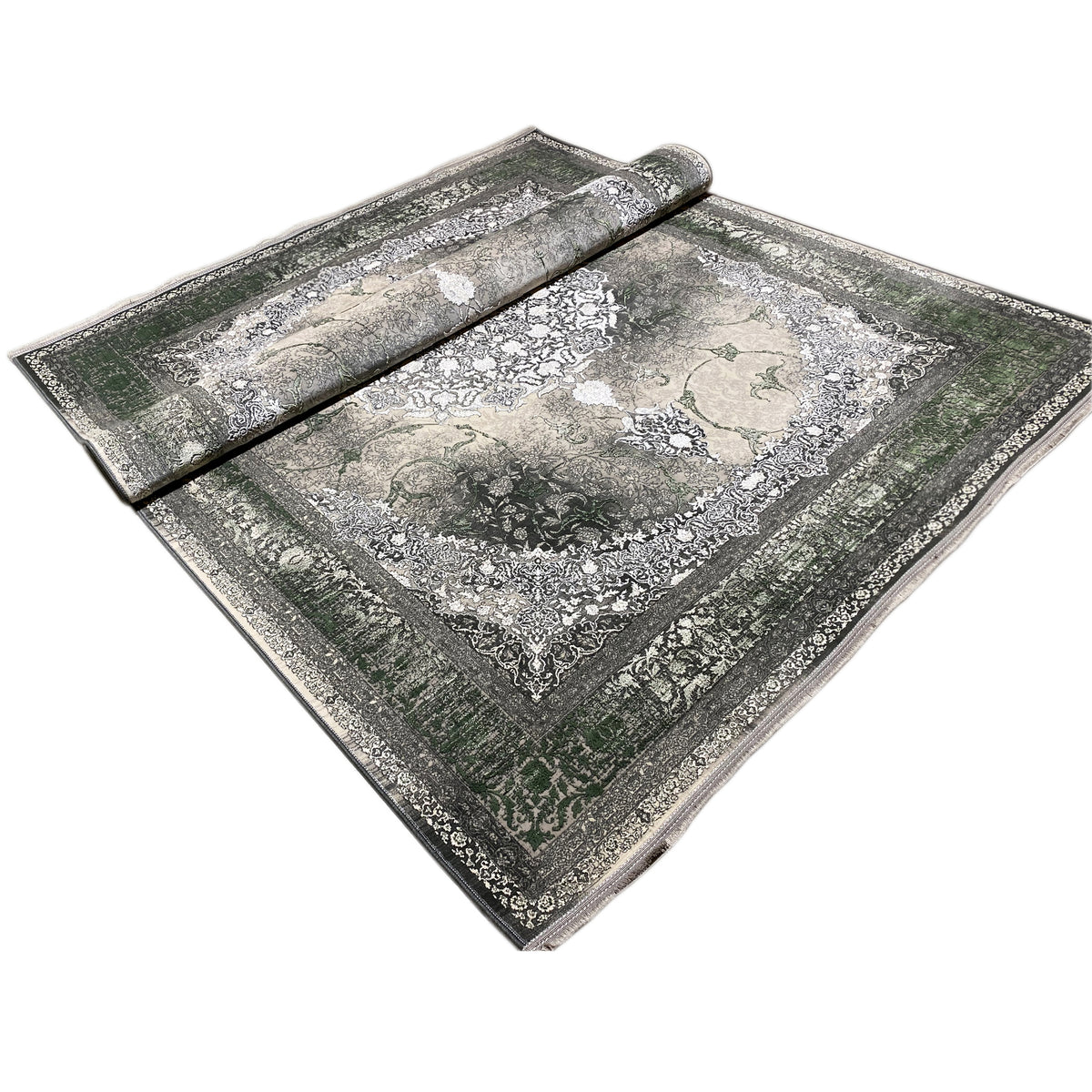 Tapete 170x240 cm com moldura ornamental e borda enrolada em Cinzento/Verde/Branco