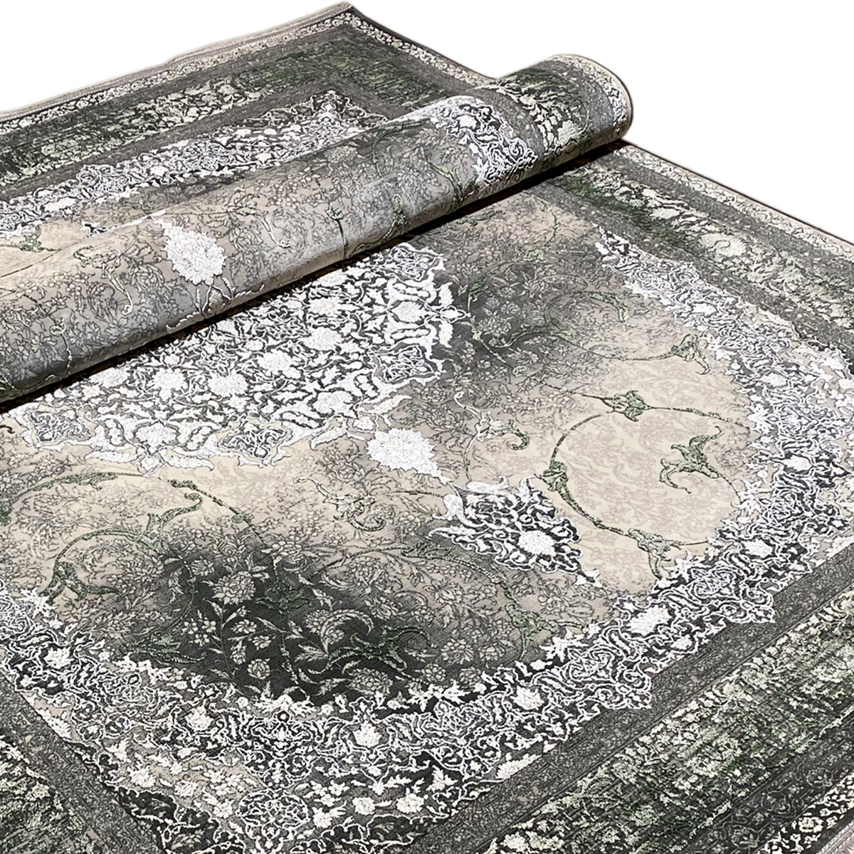 Tapete 170x240 cm com borda enrolada e ornamentos delicados em cinzento/verde