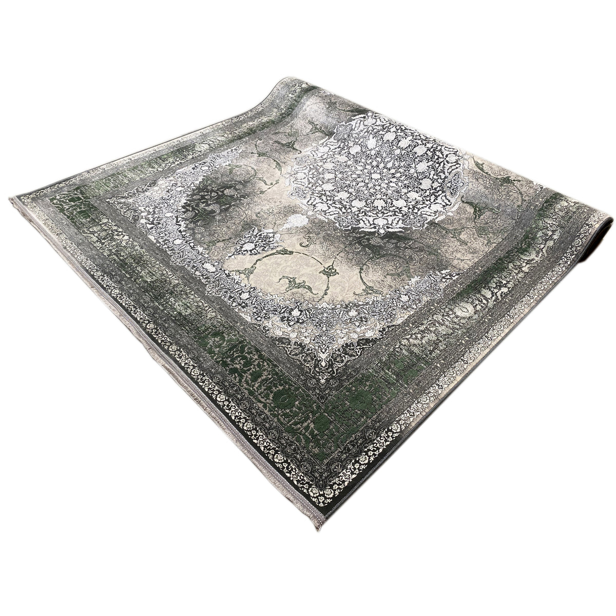 Tapete 170x240 cm de pelo curto: borda decorativa e medalhão central em cinzento/verde