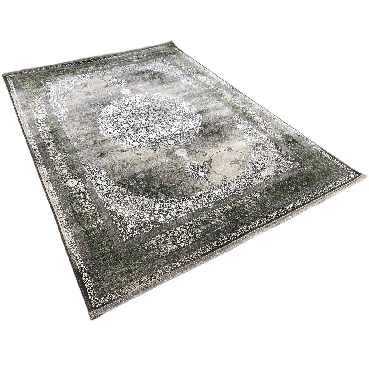 Tapete Waldgeist 170x240 cm deitado na horizontal: pelo verde-escuro, ornamentos creme no campo interior