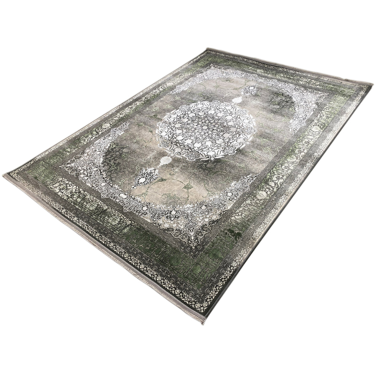 Tapete Waldgeist 170x240 cm oblíquo: medalhão creme, fundo verde-escuro, bordas decorativas