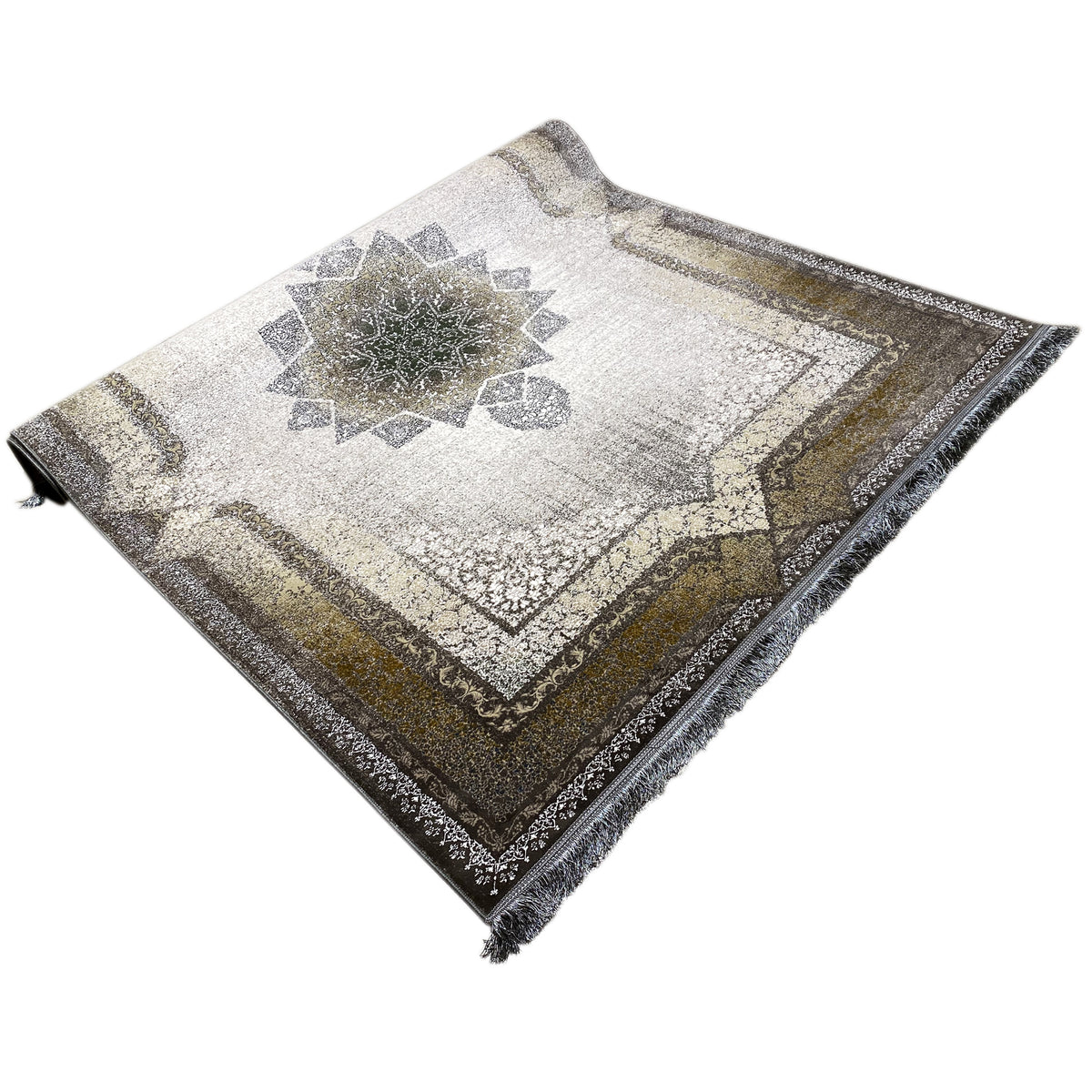 Tapete 170x240 cm com padrão ornamental, bege-claro/cinza e com rebordo escuro, com franjas