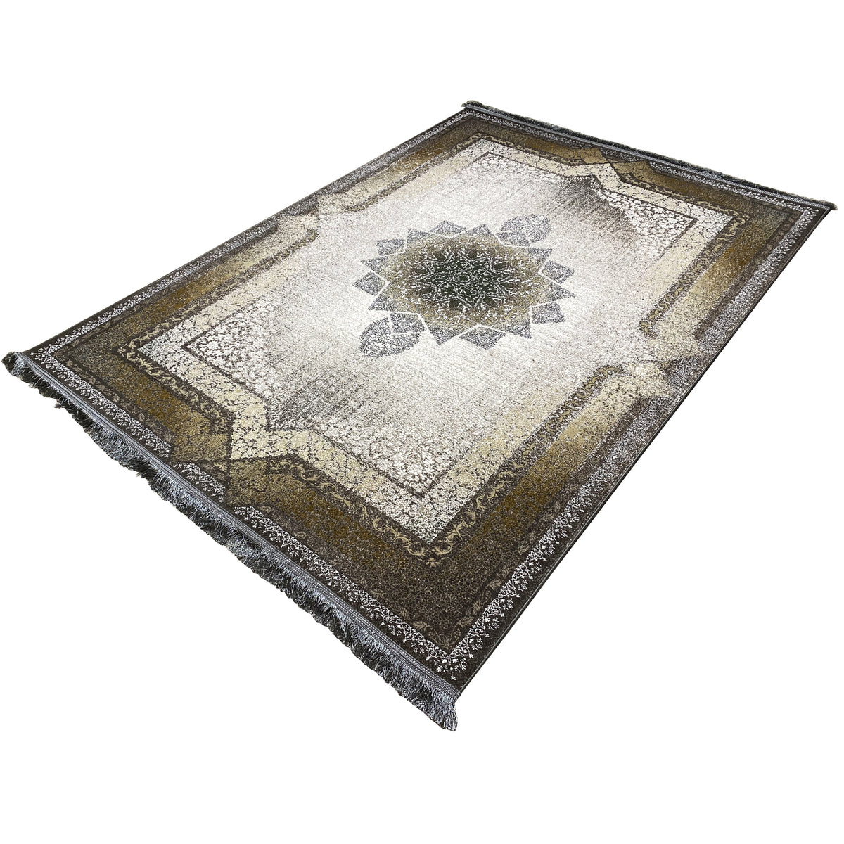 Tapete 170x240 cm com medalhão oriental, ornamentos multicoloridos e bordadura, dobrado em quatro