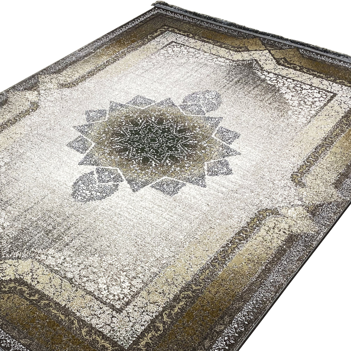 Tapete com medalhão detalhado, ornamentos geométricos e molduras contrastantes em tons claros e dourado-azeitona