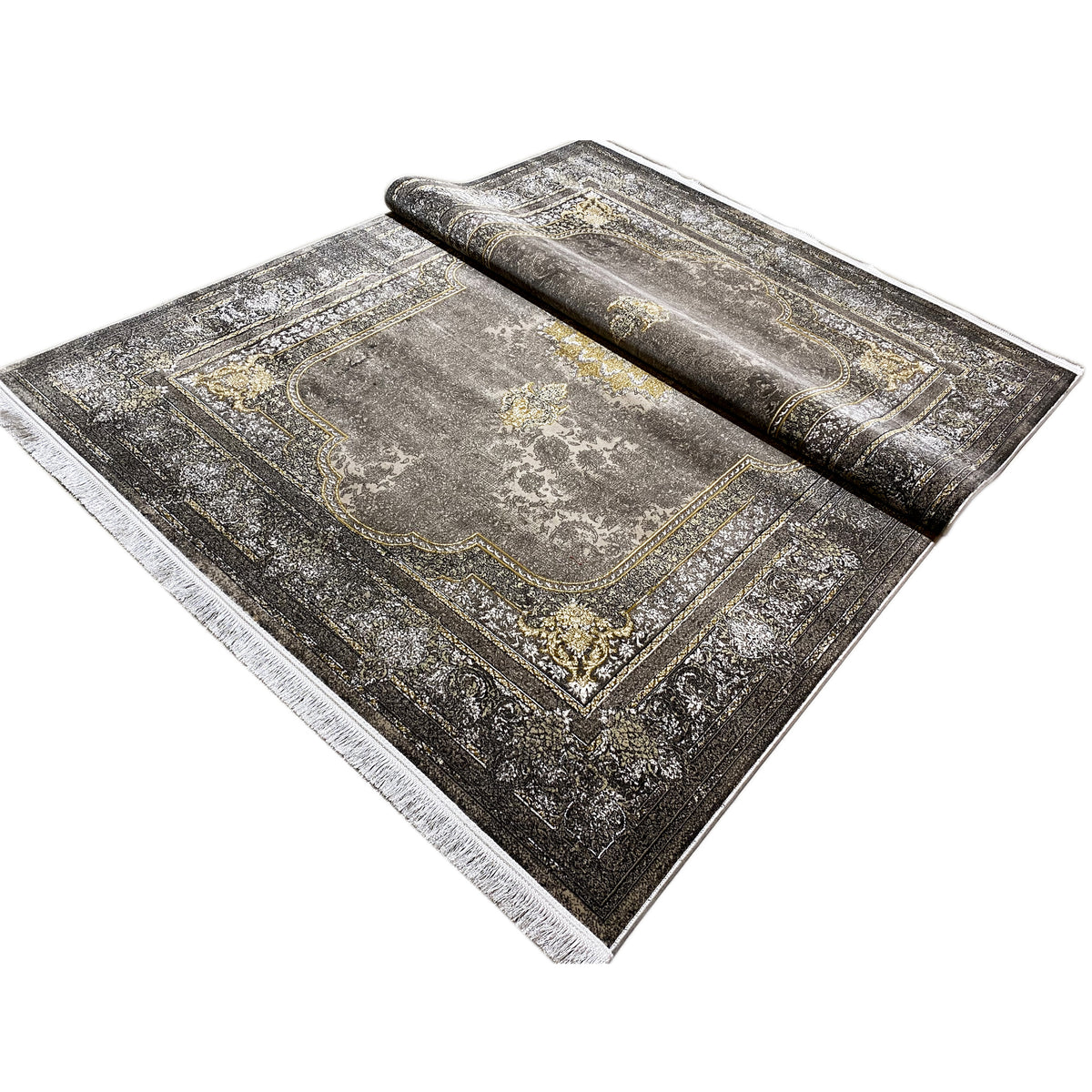 Tapete oriental 170x240 cm, cinzento-escuro com ornamentos dourados, aspeto enrolado