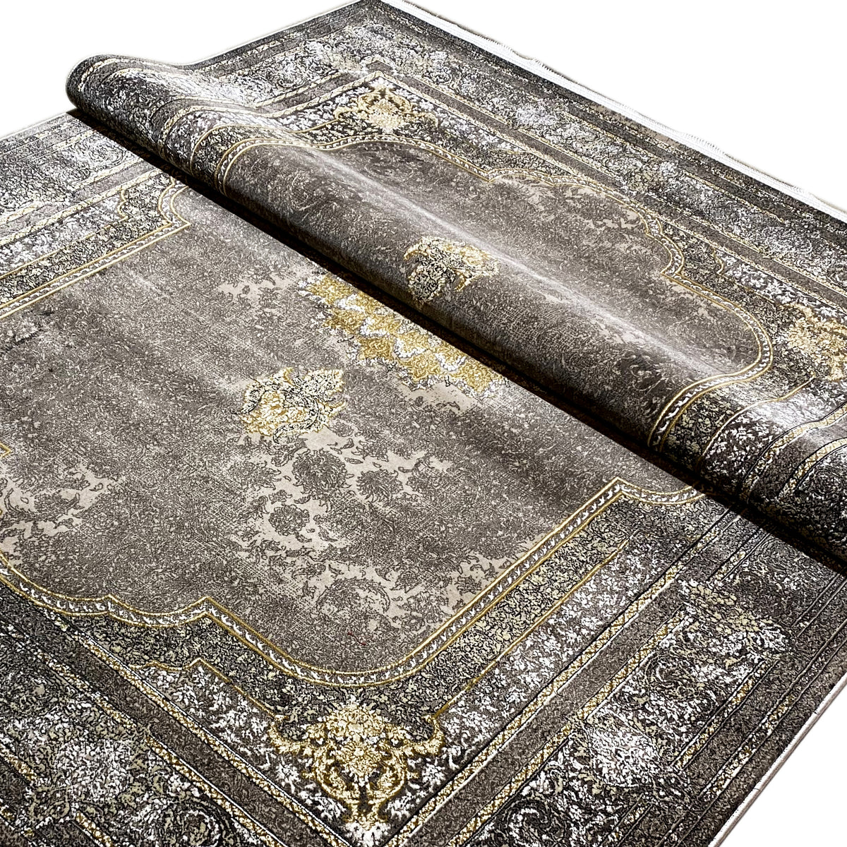 Tapete 170x240 cm com ornamentos vintage em cinzento, dourado e antracite escuro
