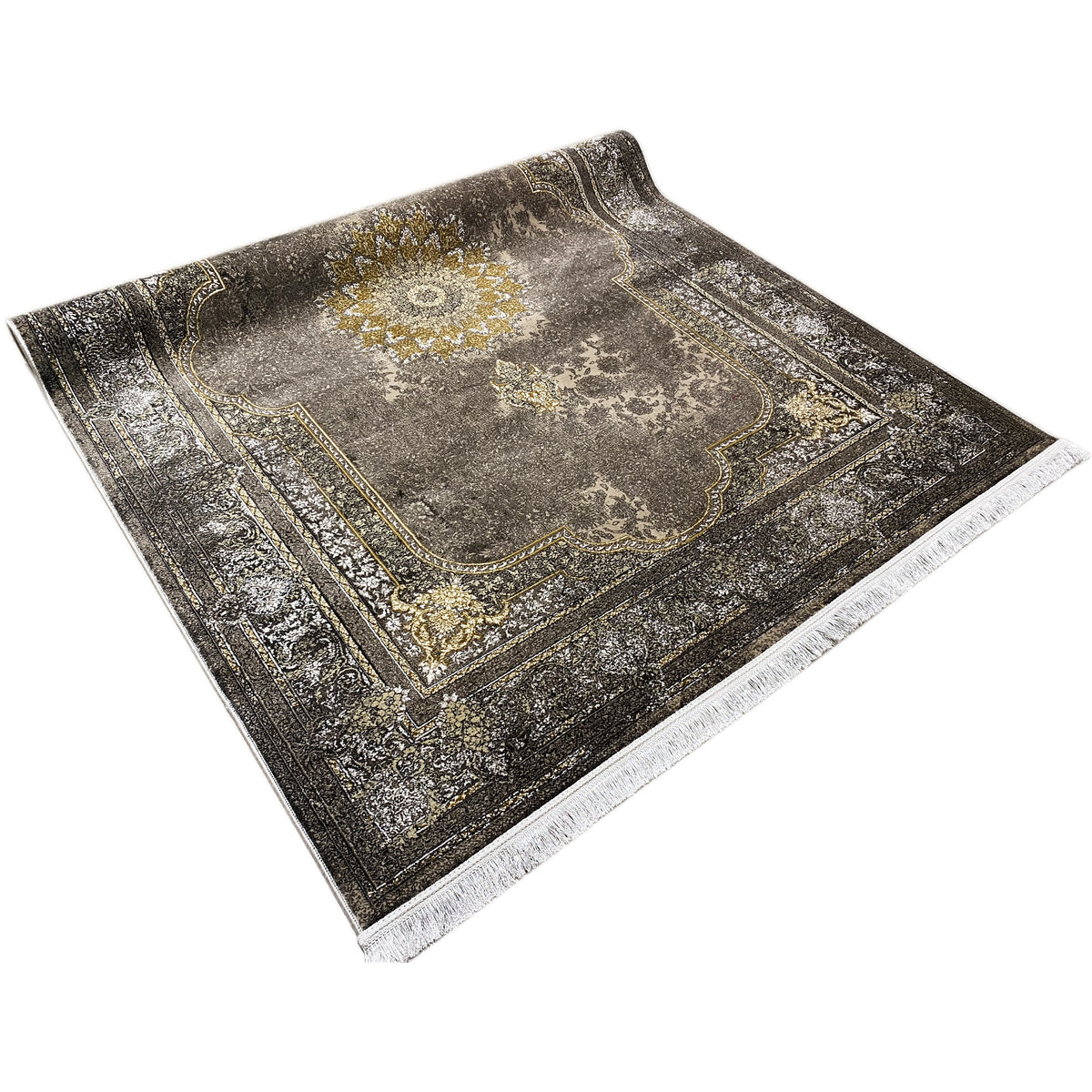 Tapete 170x240 cm com aspeto vintage escuro, área com medalhão e contornos dourados