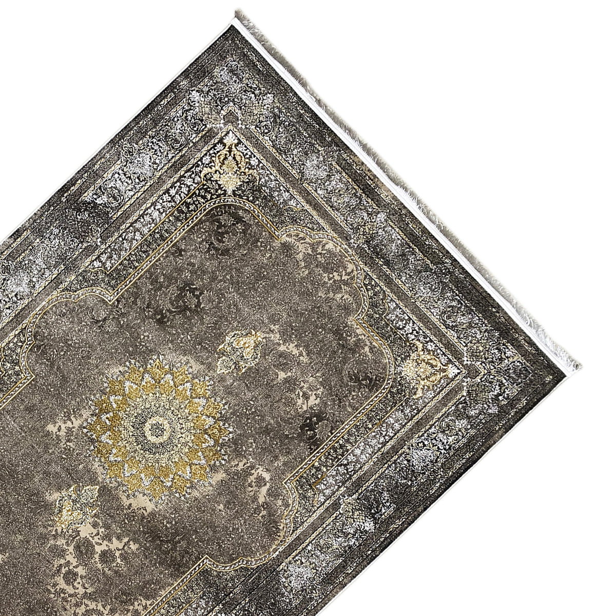 Tapete oriental 170x240 cm, cinzento-escuro com orla cinzento-dourada e motivo de medalhão