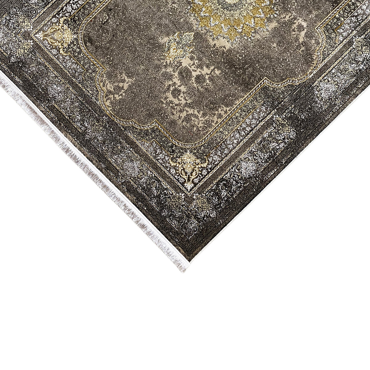 Tapete oriental 170x240 cm, cinzento-escuro com padrão de bordadura, medalhão central e franjas