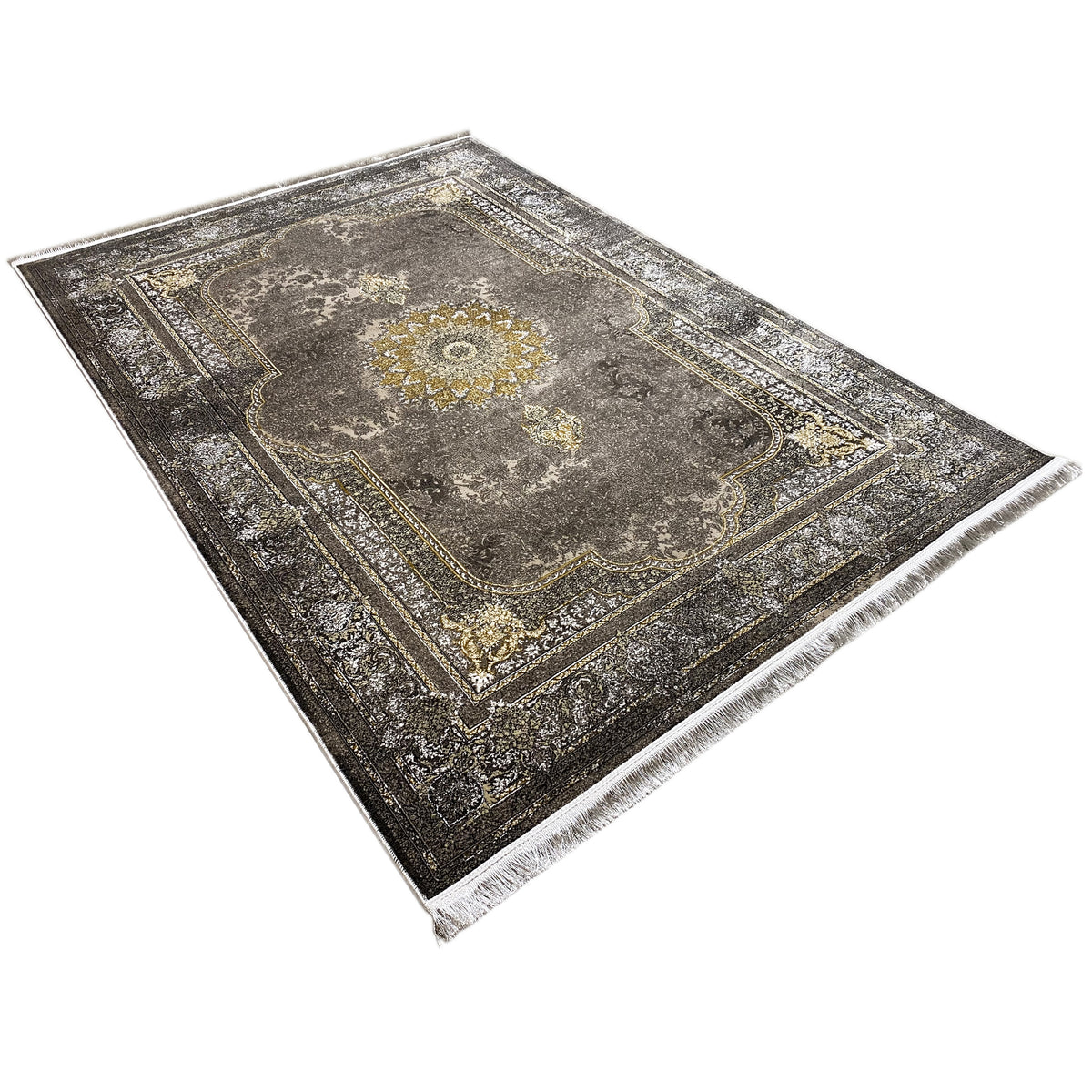 Tapete oriental 170x240 cm, cinzento-escuro com borda vintage dourada e medalhão central