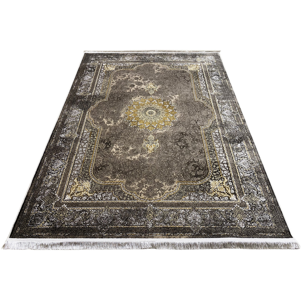 Tapete oriental 170x240 cm, cinzento-escuro com ornamentos dourados nas orlas e medalhão central