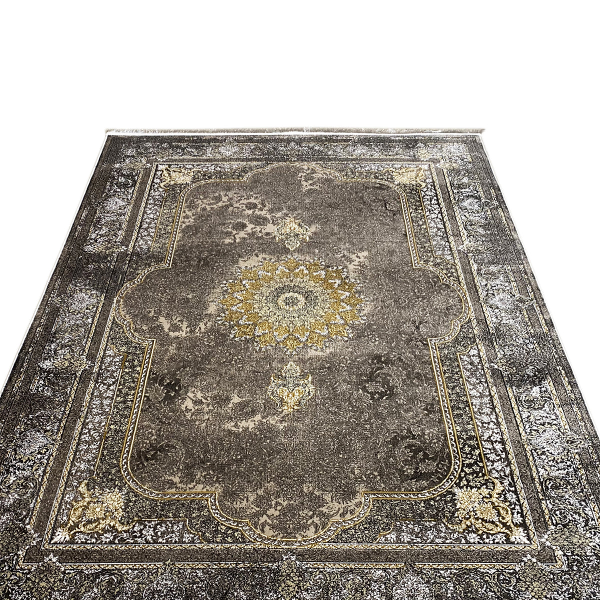 Tapete oriental 170x240 cm, cinzento-escuro com medalhão central e linha decorativa dourada