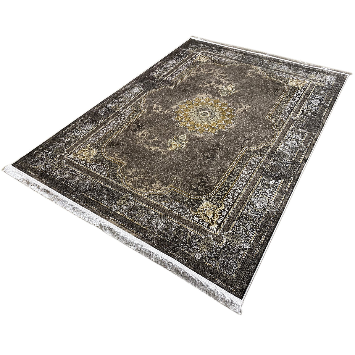 Tapete oriental 170x240 cm, cinzento-escuro com medalhão e borda ornamental dourada, franjas