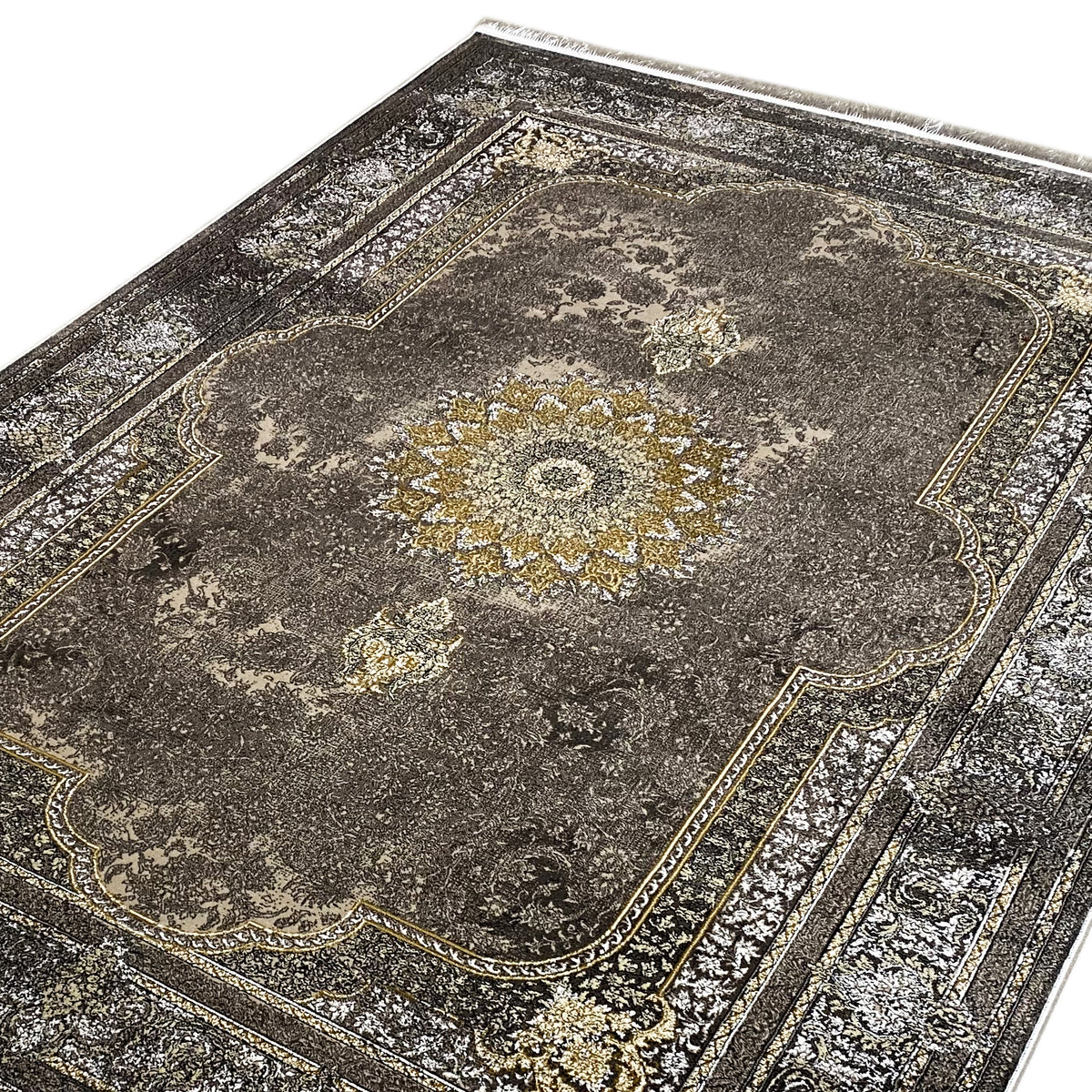 Tapete oriental 170x240 cm, cinzento-escuro com medalhão dourado e borda decorativa filigranada