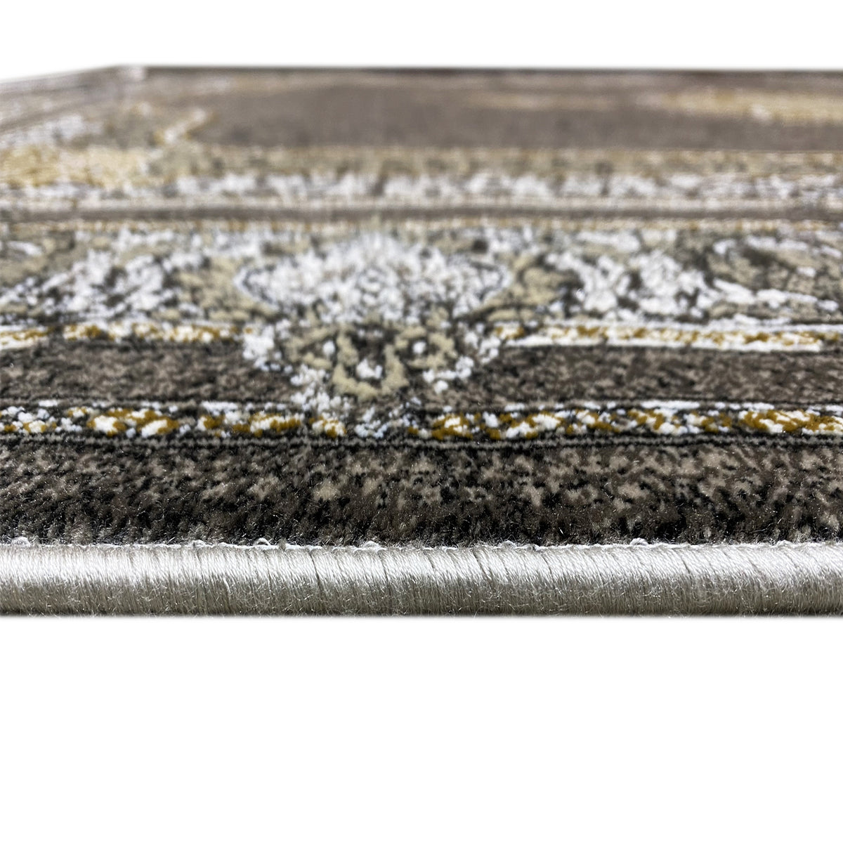 Tapete oriental 170x240 cm, com franja em cinzento-claro e remate com padrão dourado
