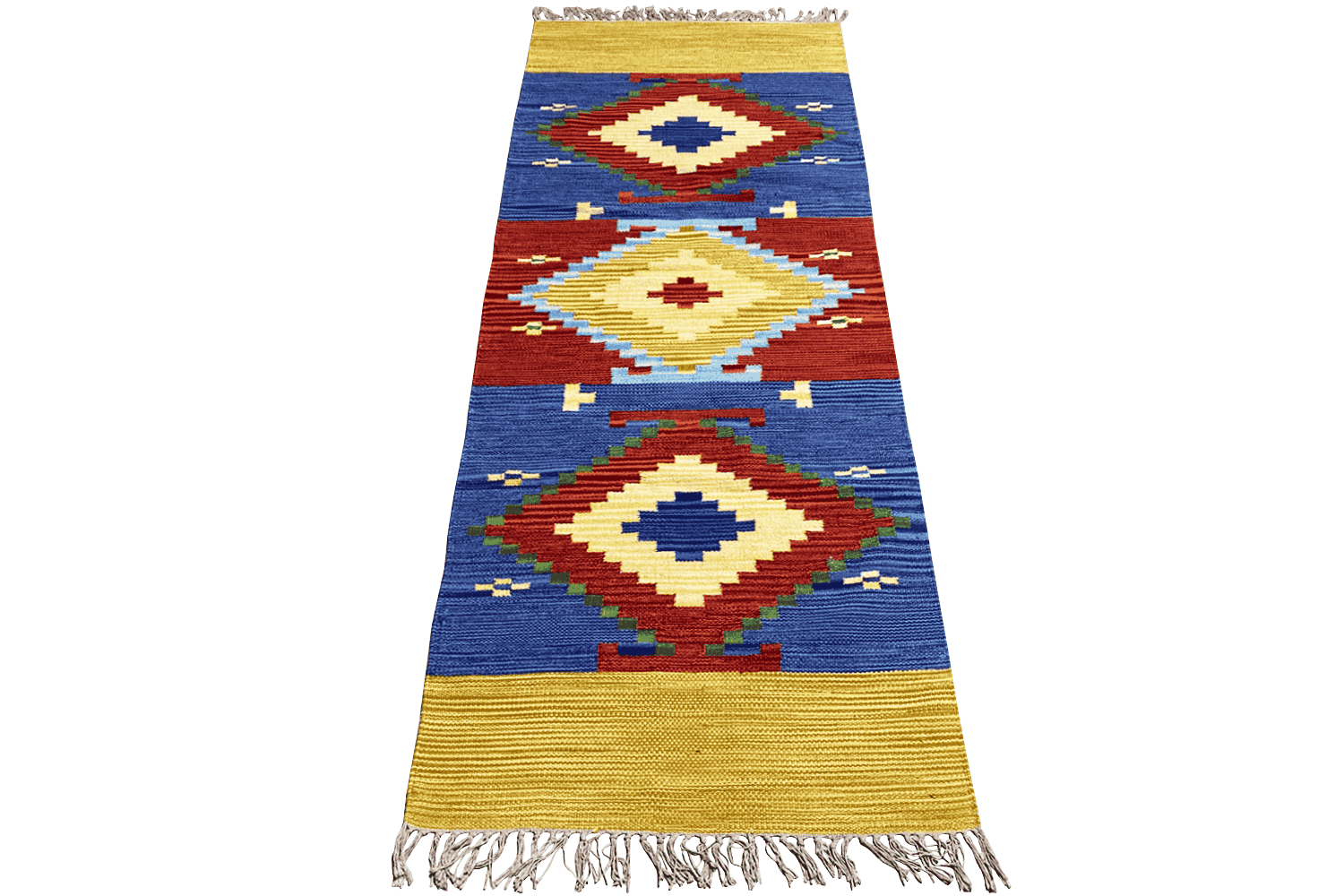 Indischer Handgewebter Kelim Dhurrie Teppich, 200x80cm (6.5x2.6ft), Buntes Geometrisches Muster - German Carpet Shop