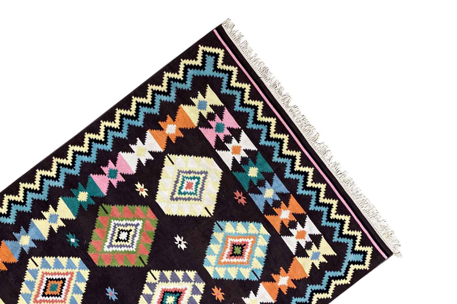 Handgewebter Wollen Kelim Dhurrie Teppich - 240x170cm (8x6ft) - Intrikates Tribal-Muster - German Carpet Shop