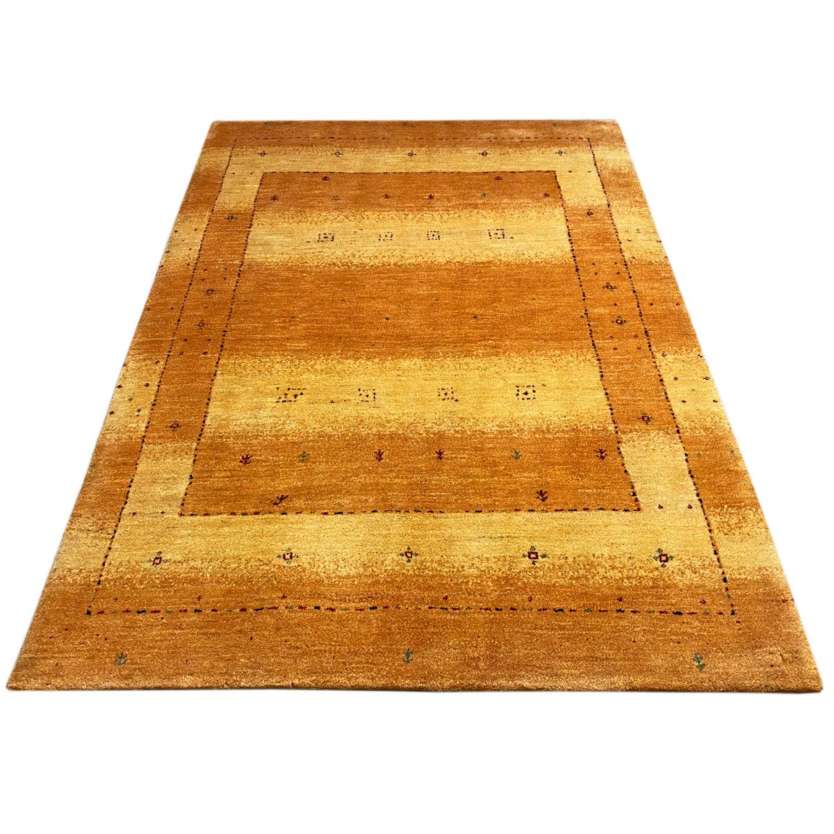 Tapete Gabbeh 235x165 cm, de pelo baixo: ocre quente com medalhão central e bordadura