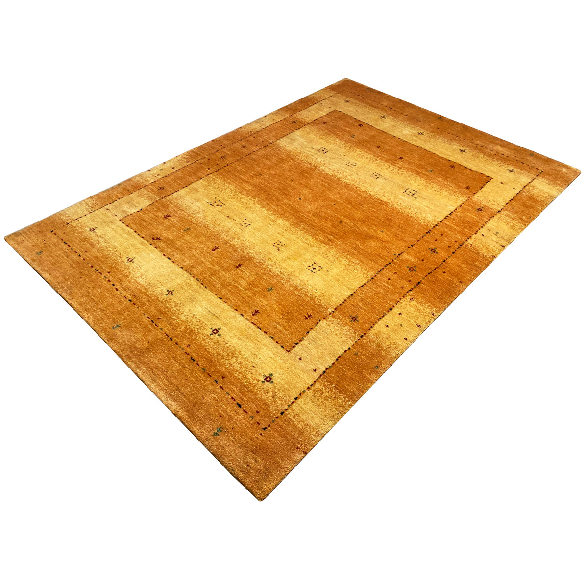 Tapete Gabbeh 235x165 cm, diagonal: cercadura ocre e apontamentos geométricos