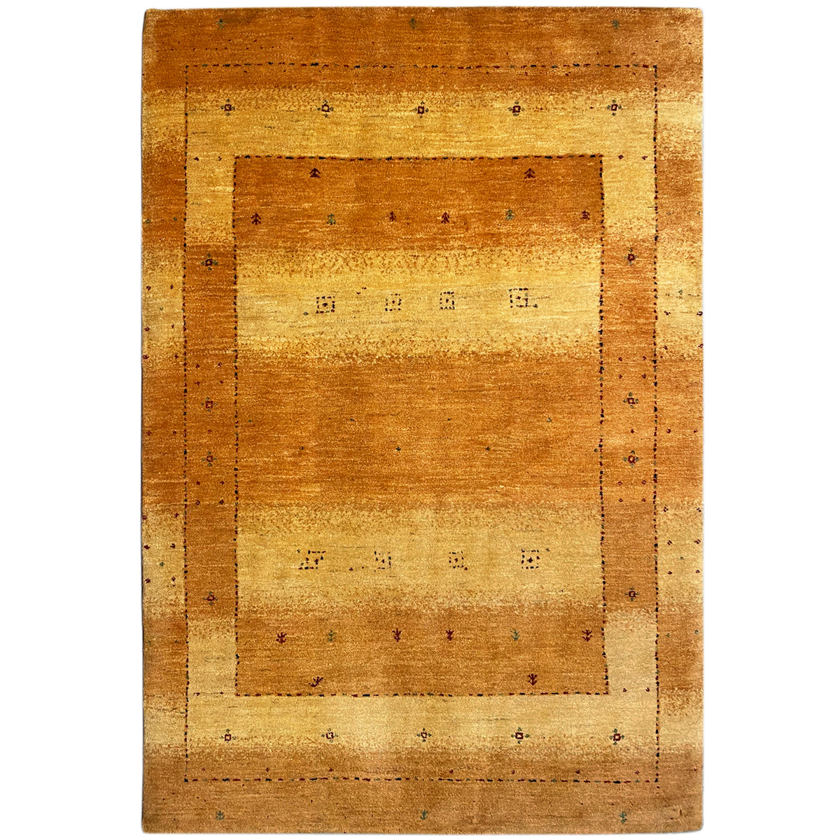 Tapete Gabbeh 235x165 cm: padrão retangular em ocre com pontos decorativos escuros