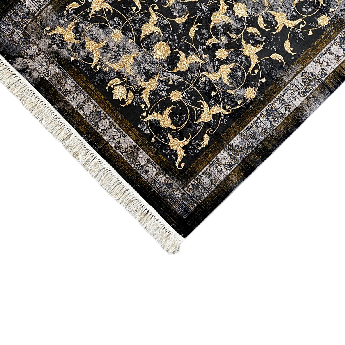 Tapete Kenza 160x230 cm: canto com ornamentos dourados e franjas brancas