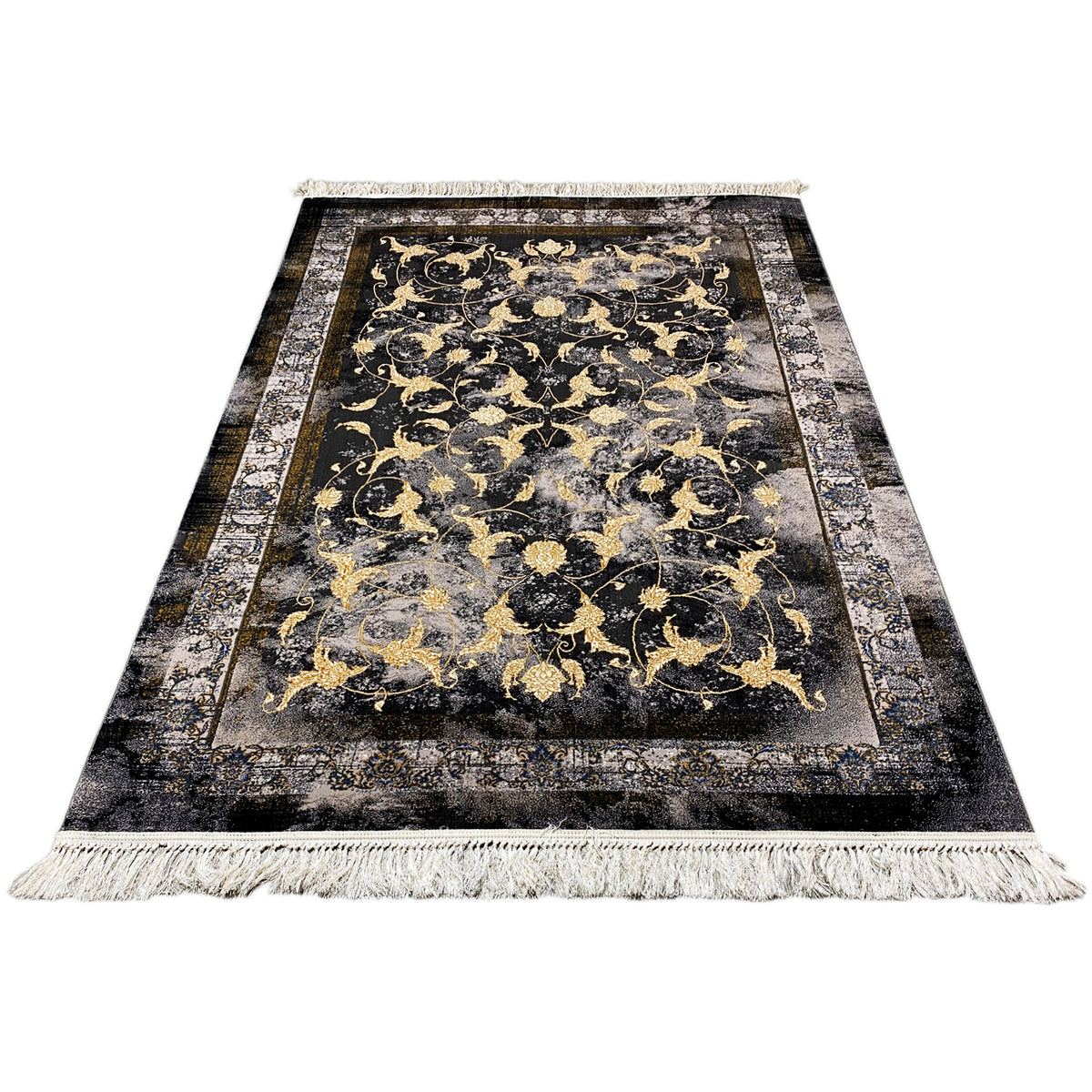Tapete Kenza 160x230 cm: tapete inteiro com ornamentos dourados e borda com franjas