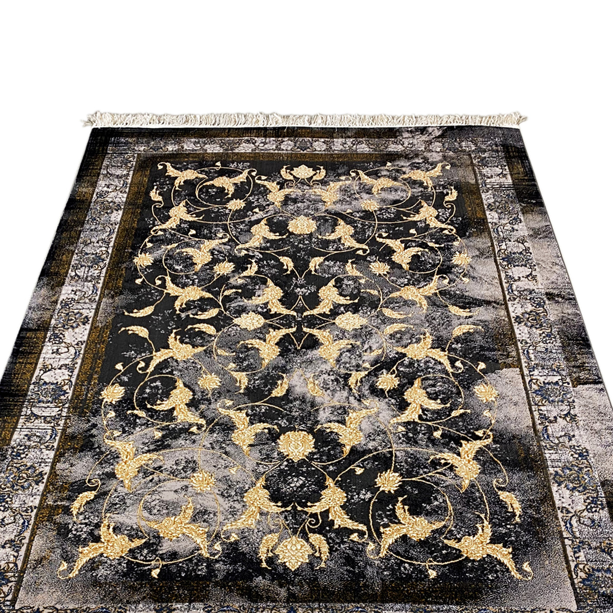 Tapete Kenza 160x230 cm: pormenor do padrão floral dourado sobre fundo escuro