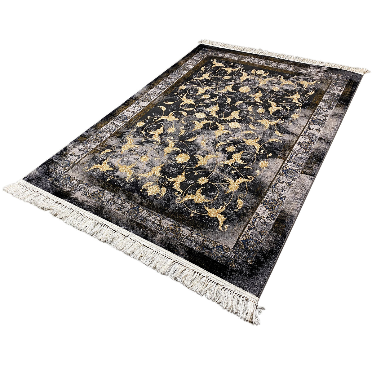 Tapete Kenza 160x230 cm: retangular, fundo escuro, padrões dourados, franjas