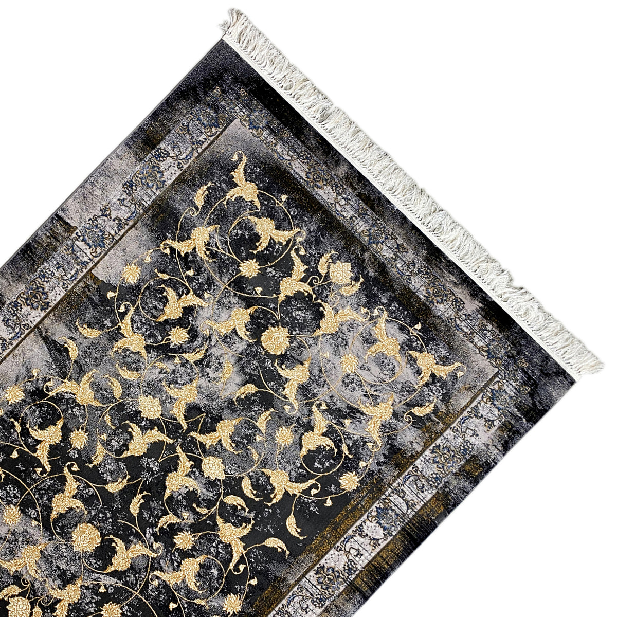 Tapete Kenza 160x230 cm, vista diagonal: pelo escuro com ornamentos dourados