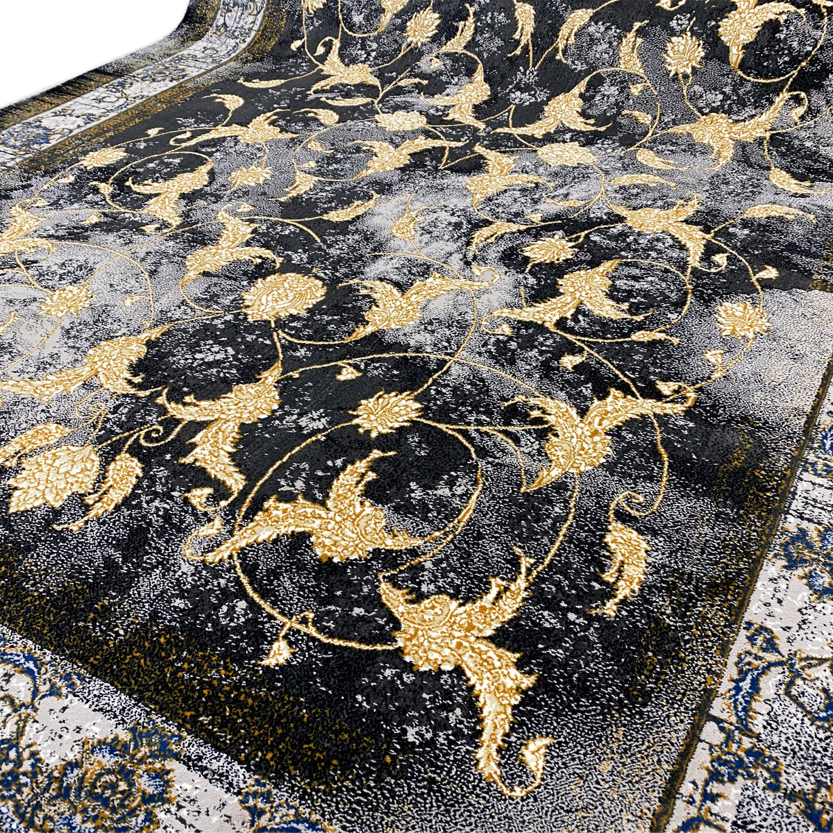 Tapete 160x230 cm, plano aproximado de arabescos dourados e ornamentos florais sobre fundo escuro
