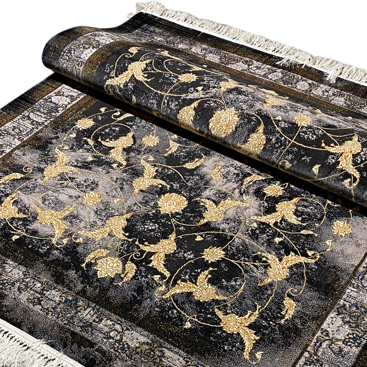 Tapete 160x230 cm: pelo escuro com padrão barroco dourado e franjas