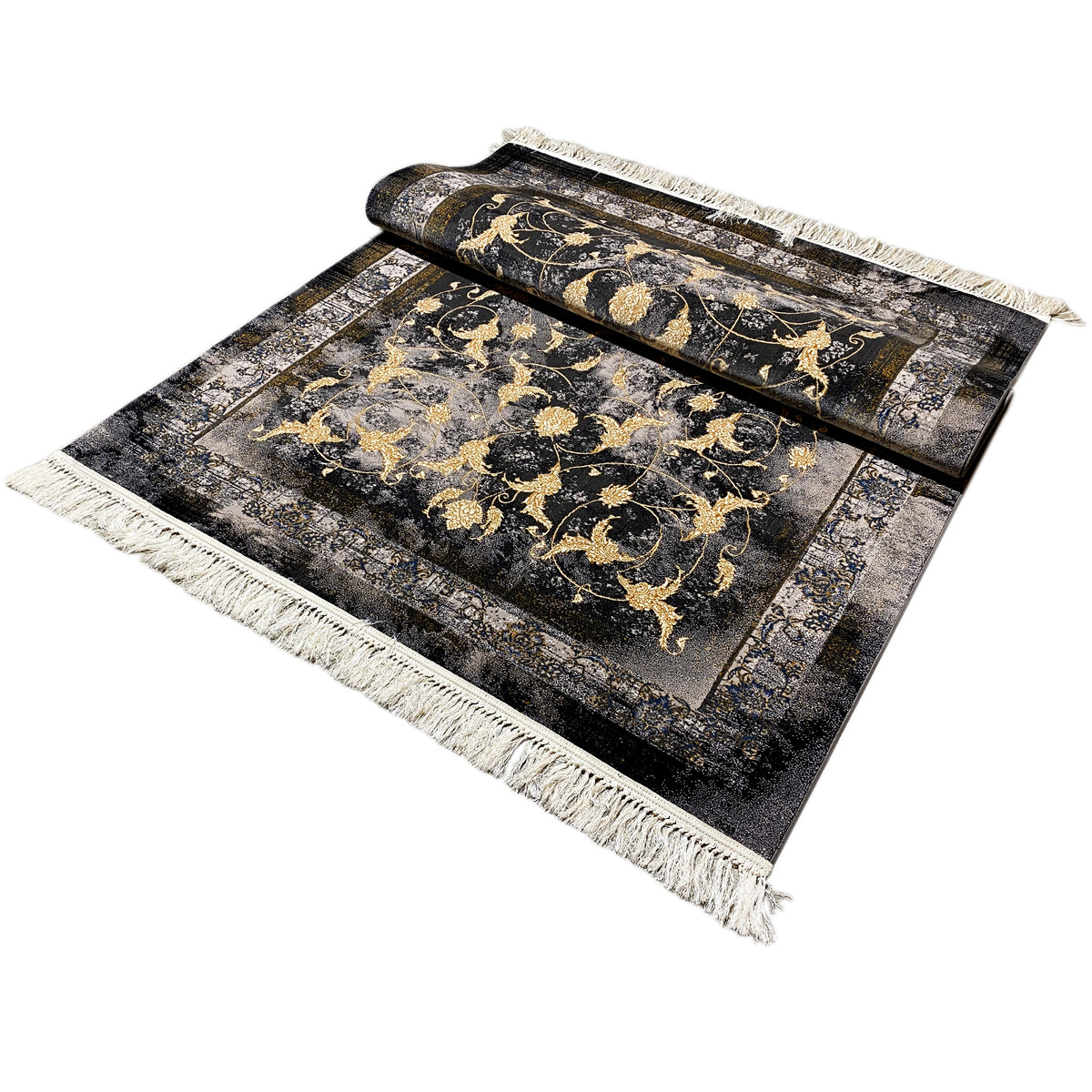 Tapete Kenza 160x230 cm: enrolado, padrão escuro com ornamentos dourados, franjas