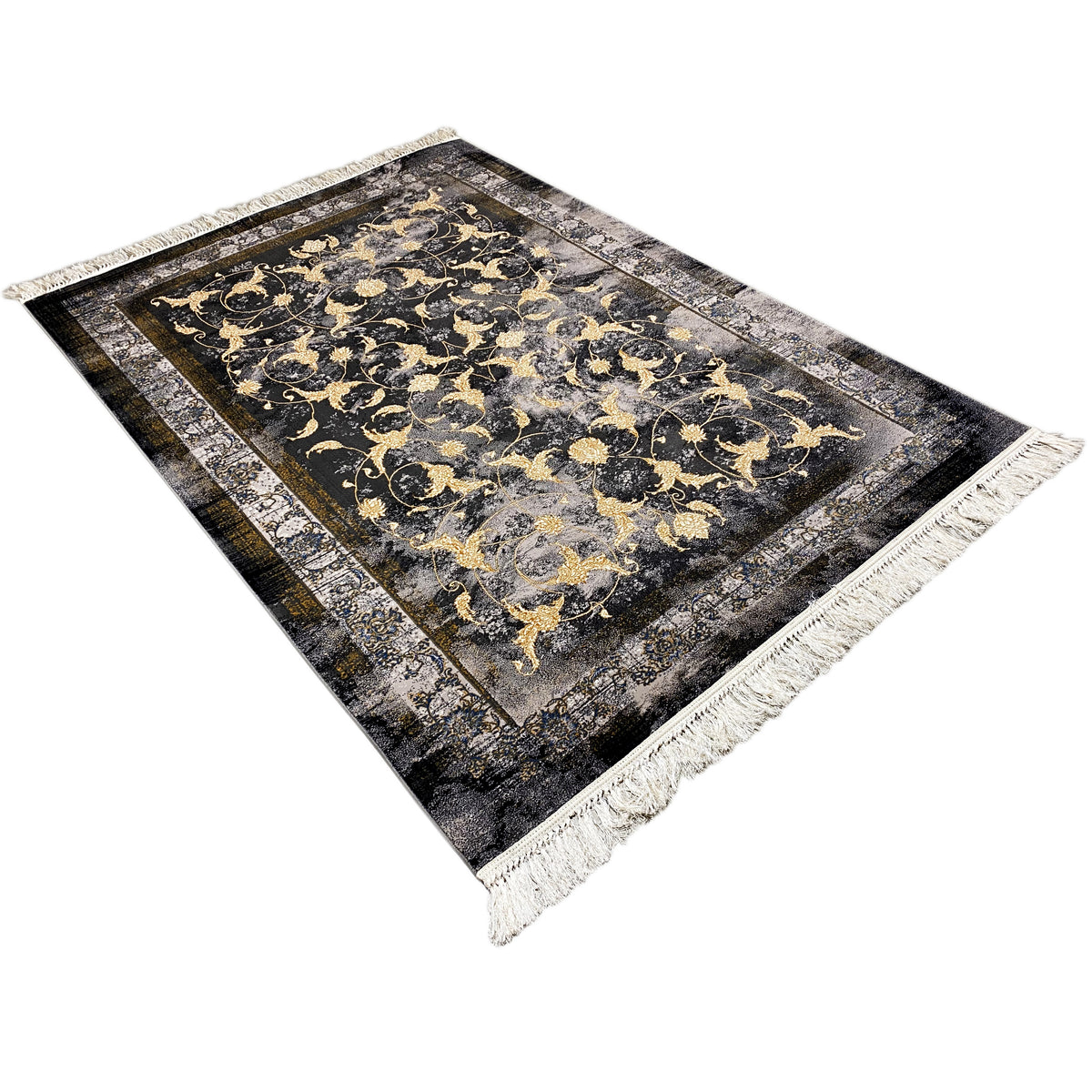 Tapete Kenza 160x230 cm: orientação diagonal, ornamentos barrocos dourados, franjas