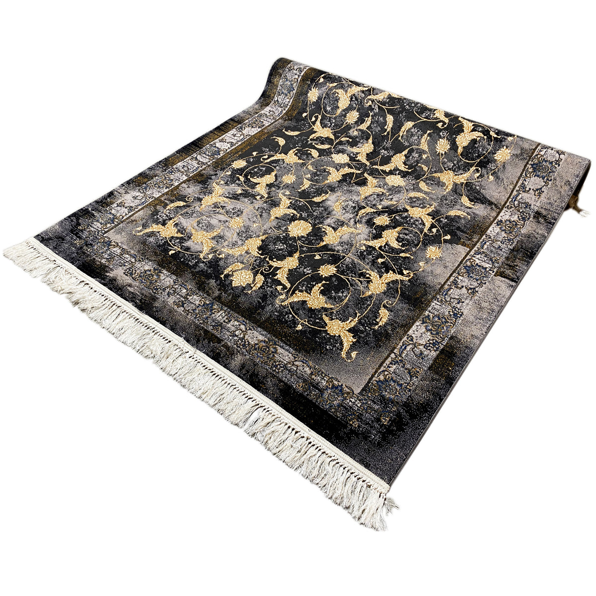 Tapete 160x230 cm, preto-cinza-escuro com padrão ornamental dourado e franjas