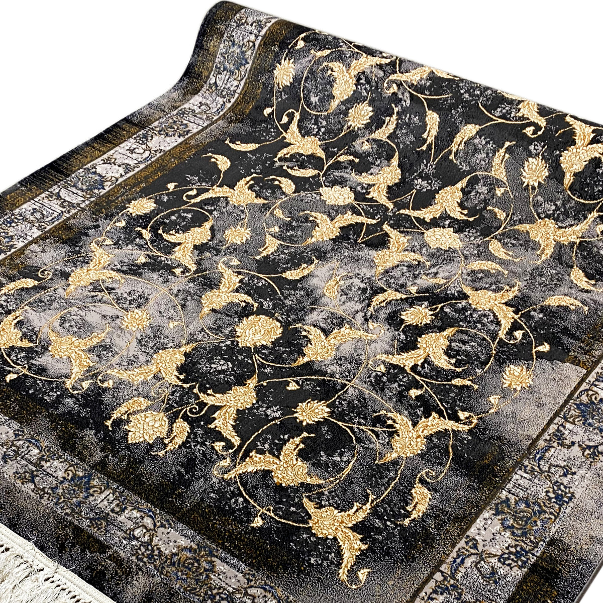 Tapete 160x230 cm em detalhe: ornamentos dourados sobre um fundo escuro e mesclado
