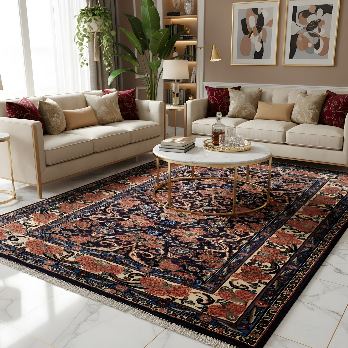 Tapete no chão com padrão ornamental azul e vermelho e bordadura, 142×102 cm