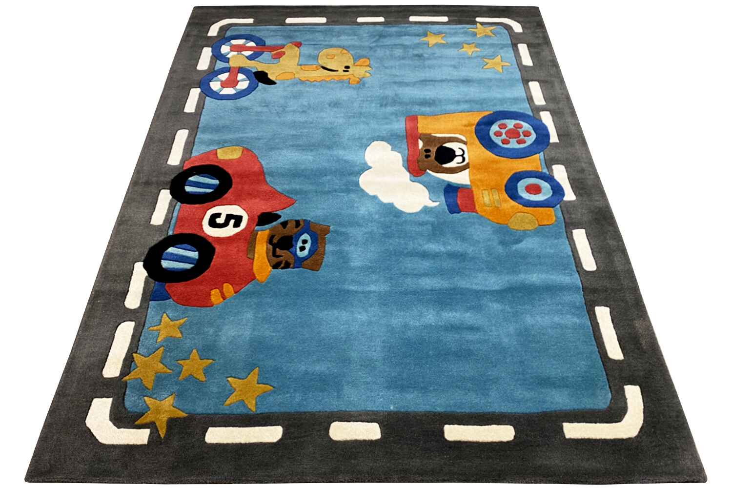 Handgetufteter Wollteppich mit farbenfrohem Auto- & Tiermotiv, 170x240cm (5.6X7.9ft) - German Carpet Shop