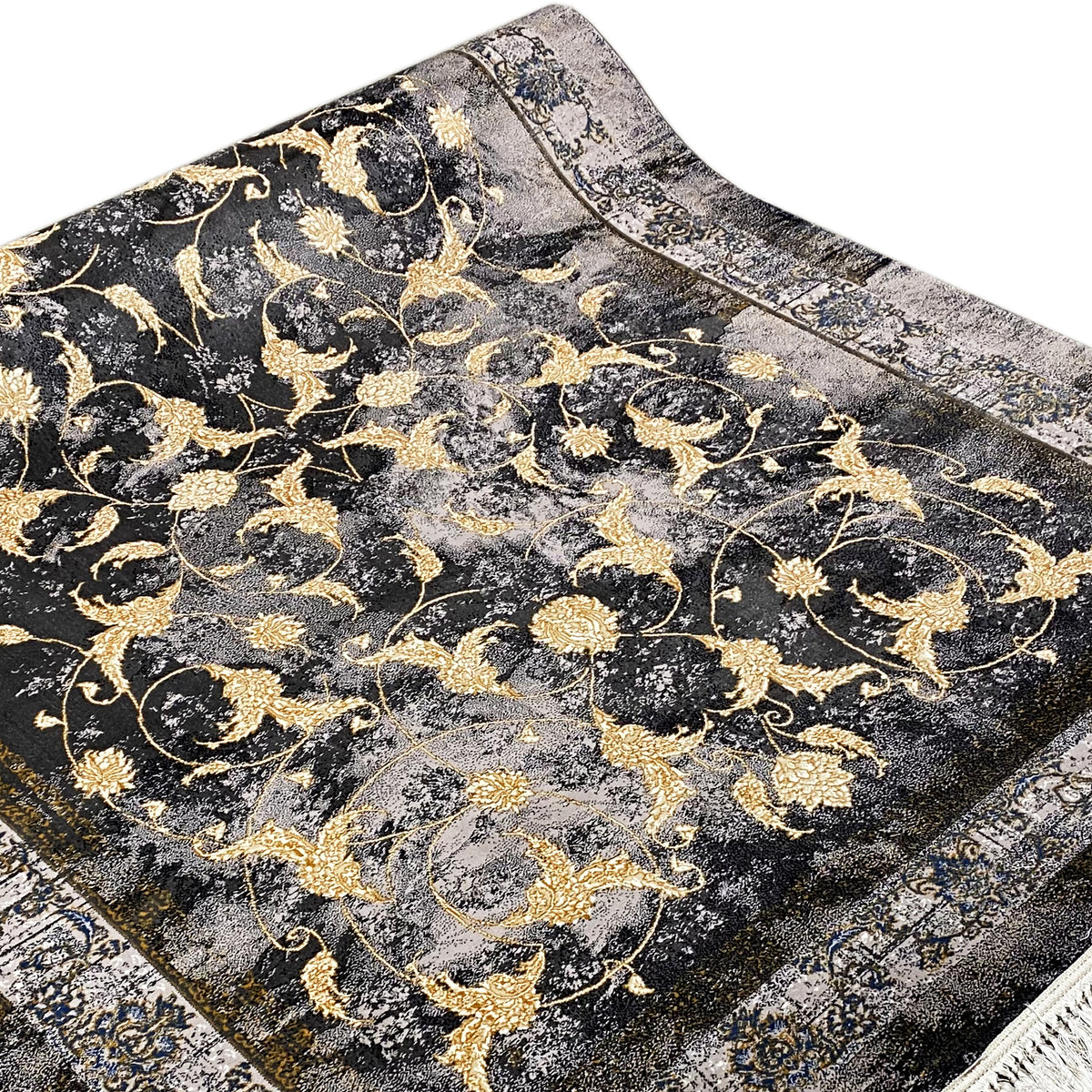 Tapete 160x230 cm: arabescos dourados sobre fundo escuro com uma faixa larga de bordadura