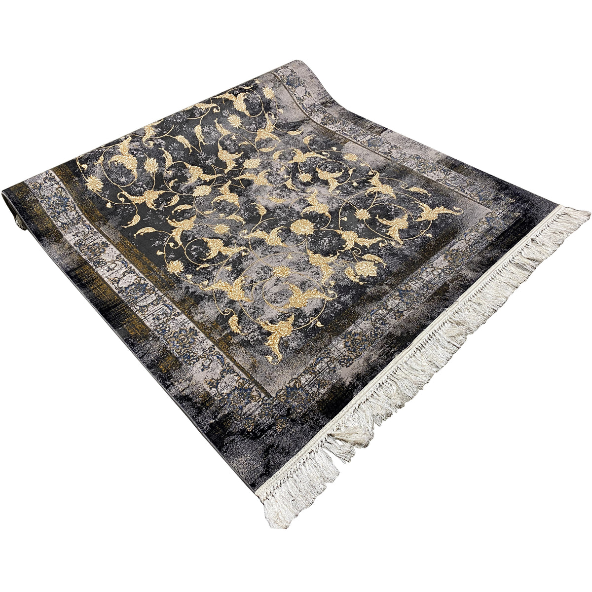 Tapete 160x230 cm com ornamento barroco dourado, rebordo com bordadura e franjas