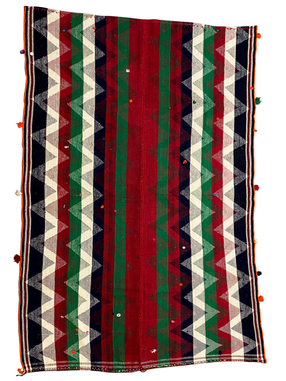 Tapete Jajim retangular com riscas coloridas e franjas decorativas nos cantos