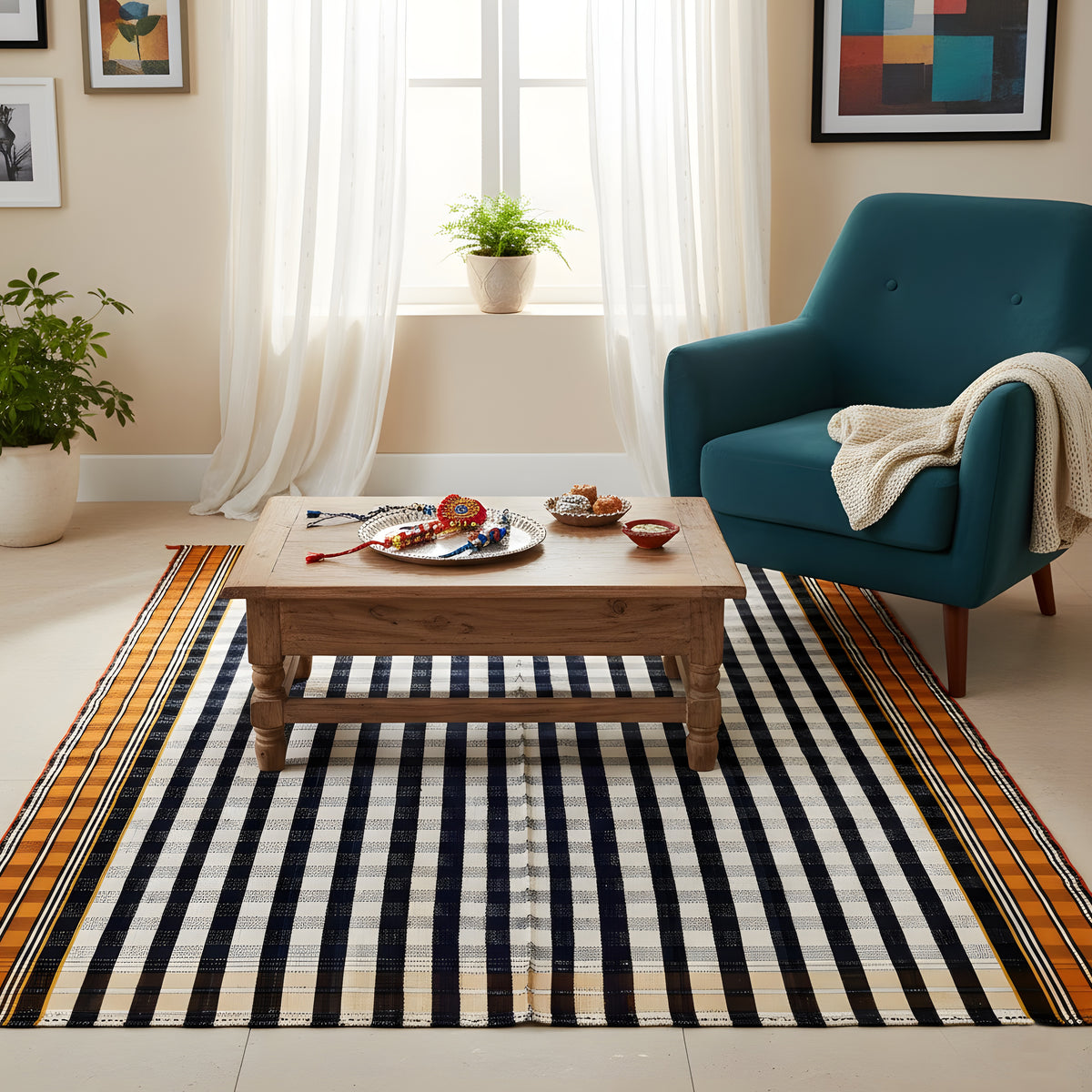 Tapete Jajim na sala de estar com padrão de riscas a preto e branco e borda decorativa amarela-alaranjada