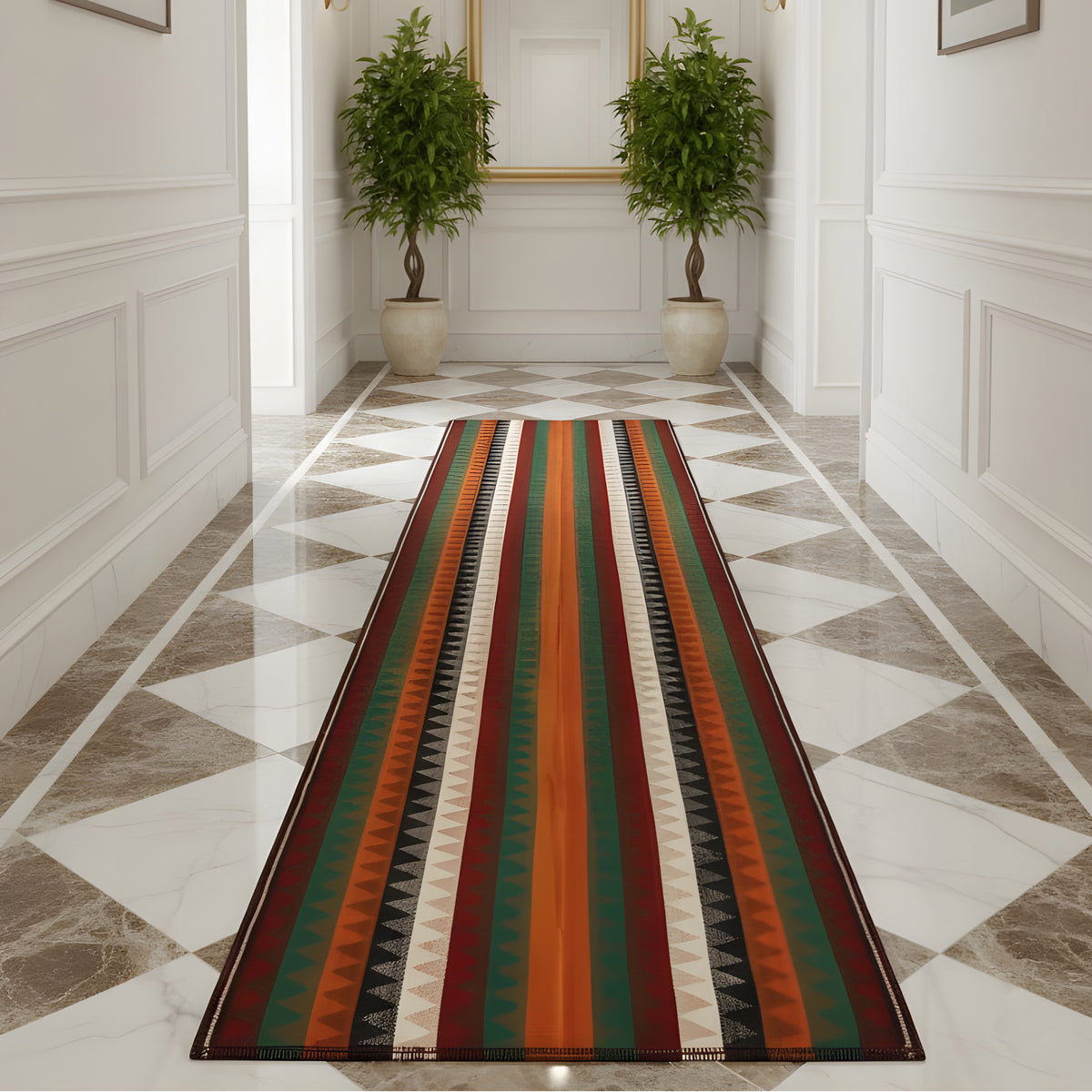 Tapete de passadeira Jajim para o corredor, com riscas multicoloridas e padrão em ziguezague, retangular