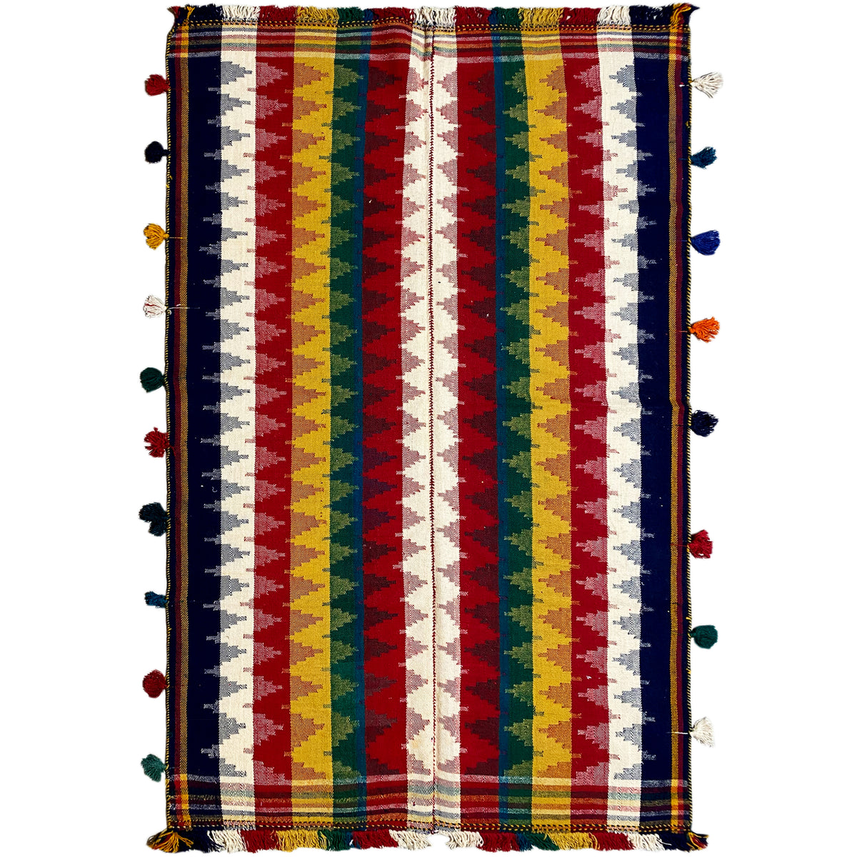 Tapete Jajim com riscas multicoloridas em azul, vermelho, amarelo e verde, com franjas